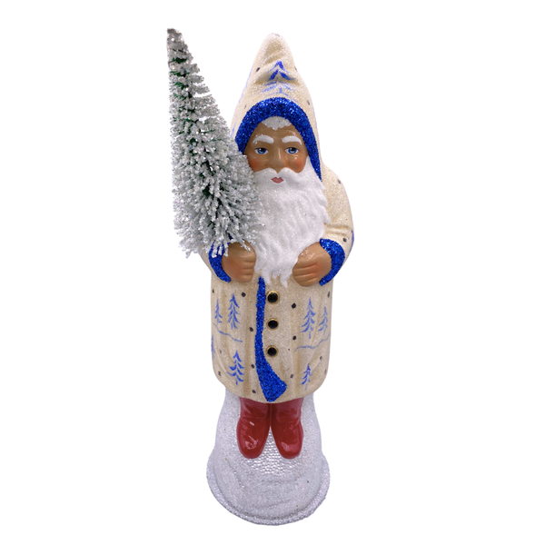 Santa with Bottle Brush Tree, Paper Mache Candy Container, ivory with delft blue and red boots, by Ino Schaller