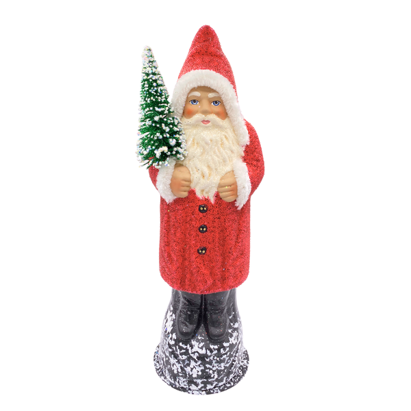 Santa with Bottle Brush Tree, Paper Mache Candy Container, red beaded with white chenille trim, by Ino Schaller