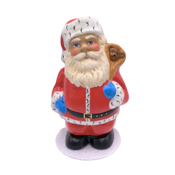 Santa, pudgy with teddy bear, Paper Mache Figure, red with blue gloves, by Ino Schaller