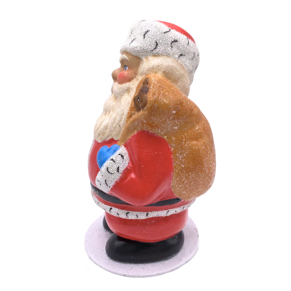 Santa, pudgy with teddy bear, Paper Mache Figure, red with blue gloves, by Ino Schaller