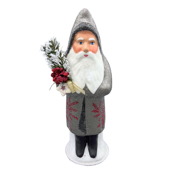 Santa Papier Mache Candy Container, shimmering grey with berry detail by Ino Schaller
