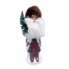 Decorative Santa wearing a white and brown coat with a cardinal figure on the front holding a small Christmas tree on a white background 