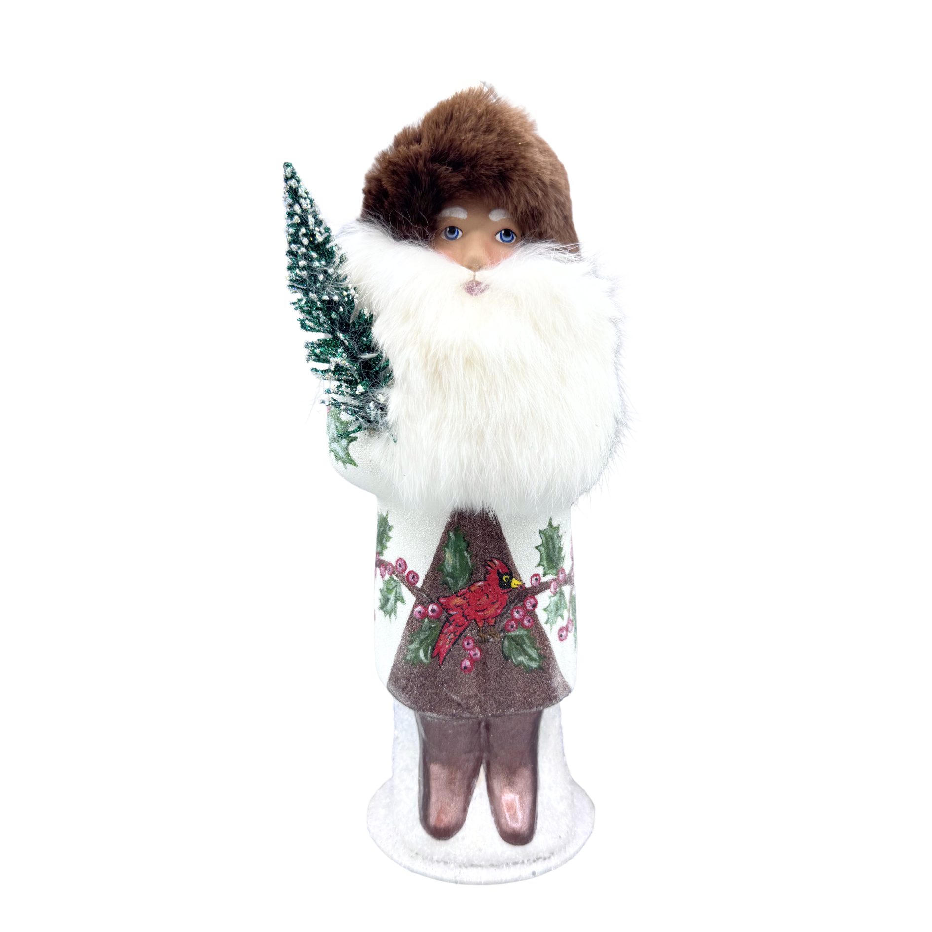Santa Papier Mache Figure, white with holly and cardinal detail with fur trim by Ino Schaller