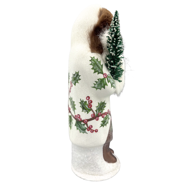 Santa Papier Mache Figure, white with holly and cardinal detail with fur trim by Ino Schaller