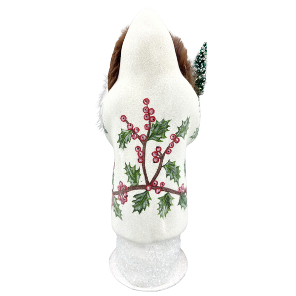Santa Papier Mache Figure, white with holly and cardinal detail with fur trim by Ino Schaller