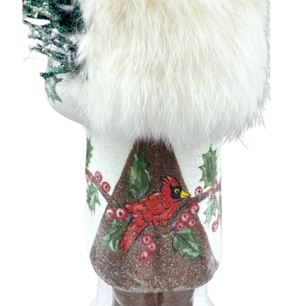 Santa Papier Mache Figure, white with holly and cardinal detail with fur trim by Ino Schaller