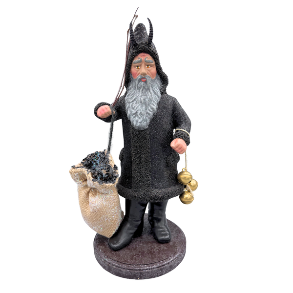 Krampus Candy Container with Coal Bag and Bells, black glitter with beaded trim by Ino Schaller