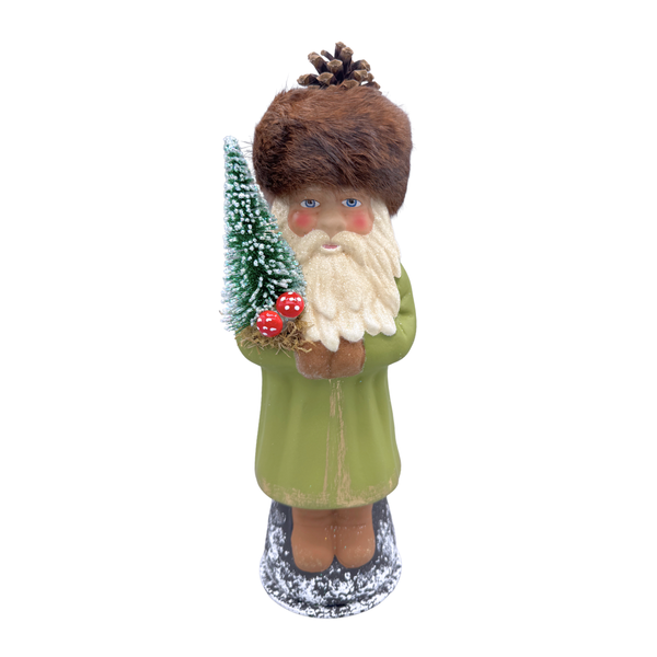 Santa in Russian Hat, Papier Mache Candy Container, matte olive with mushrooms and pinecone by Ino Schaller