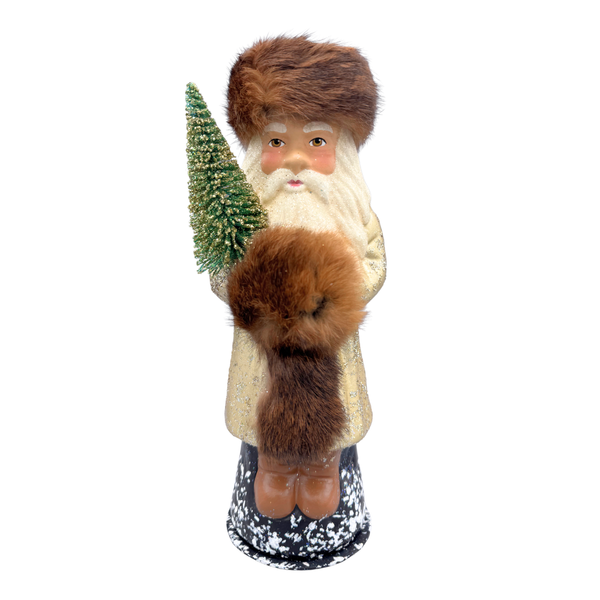 Santa in Russian Hat, Papier Mache Candy Container, pale gold with fur trim by Ino Shcaller