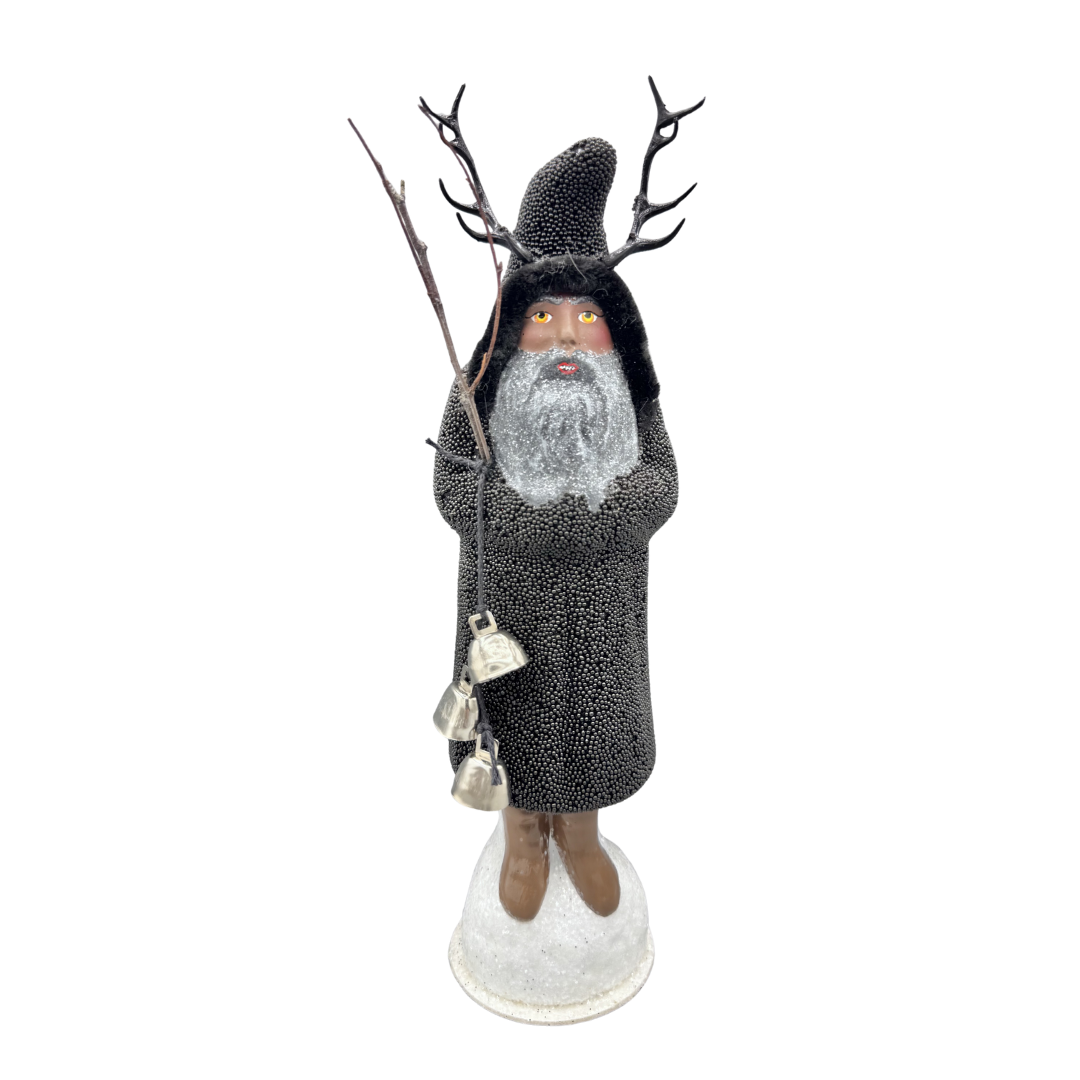 Krampus papier mache figure, black beaded with bell by Ino Schaller