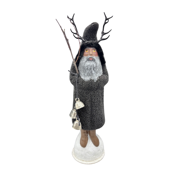 Krampus papier mache figure, black beaded with bell by Ino Schaller