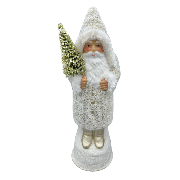 Santa Papier Mache Candy Container, white, gold beaded and gold boots by Ino Schaller