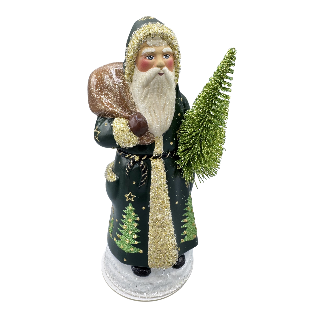 Santa with tree Papier Mache Candy Container, forest green by Ino Schaller
