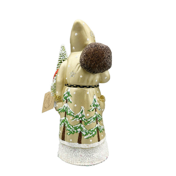 Santa Papier Mache Candy Container, pale gold with tree and reindeer by Ino Schaller