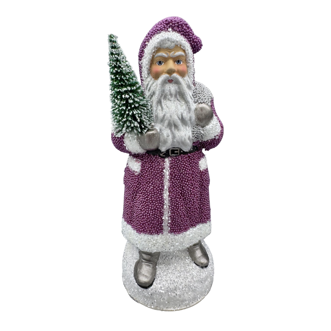 Santa Papier Mache Candy Container, lavender beaded with silver bag by Ino Schaller