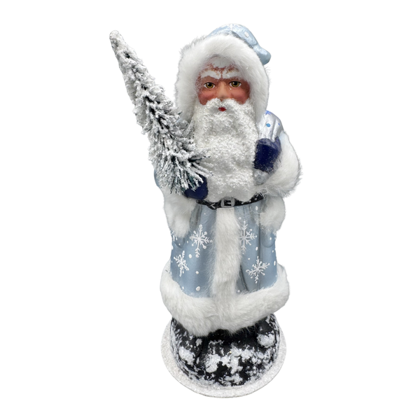 Santa Papier Mache Candy Container, metallic blue with snowflakes and fur by Ino Schaller