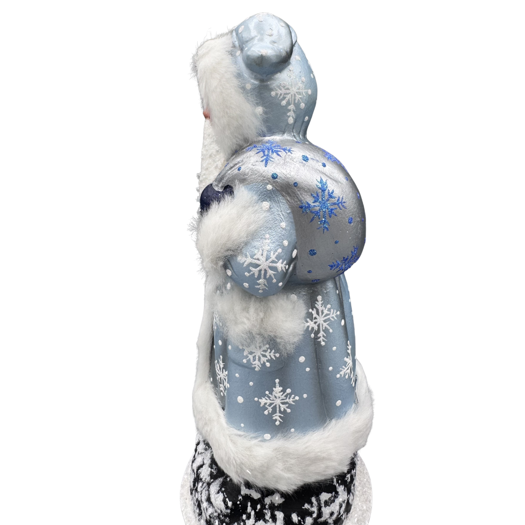 Santa Papier Mache Candy Container, metallic blue with snowflakes and fur by Ino Schaller