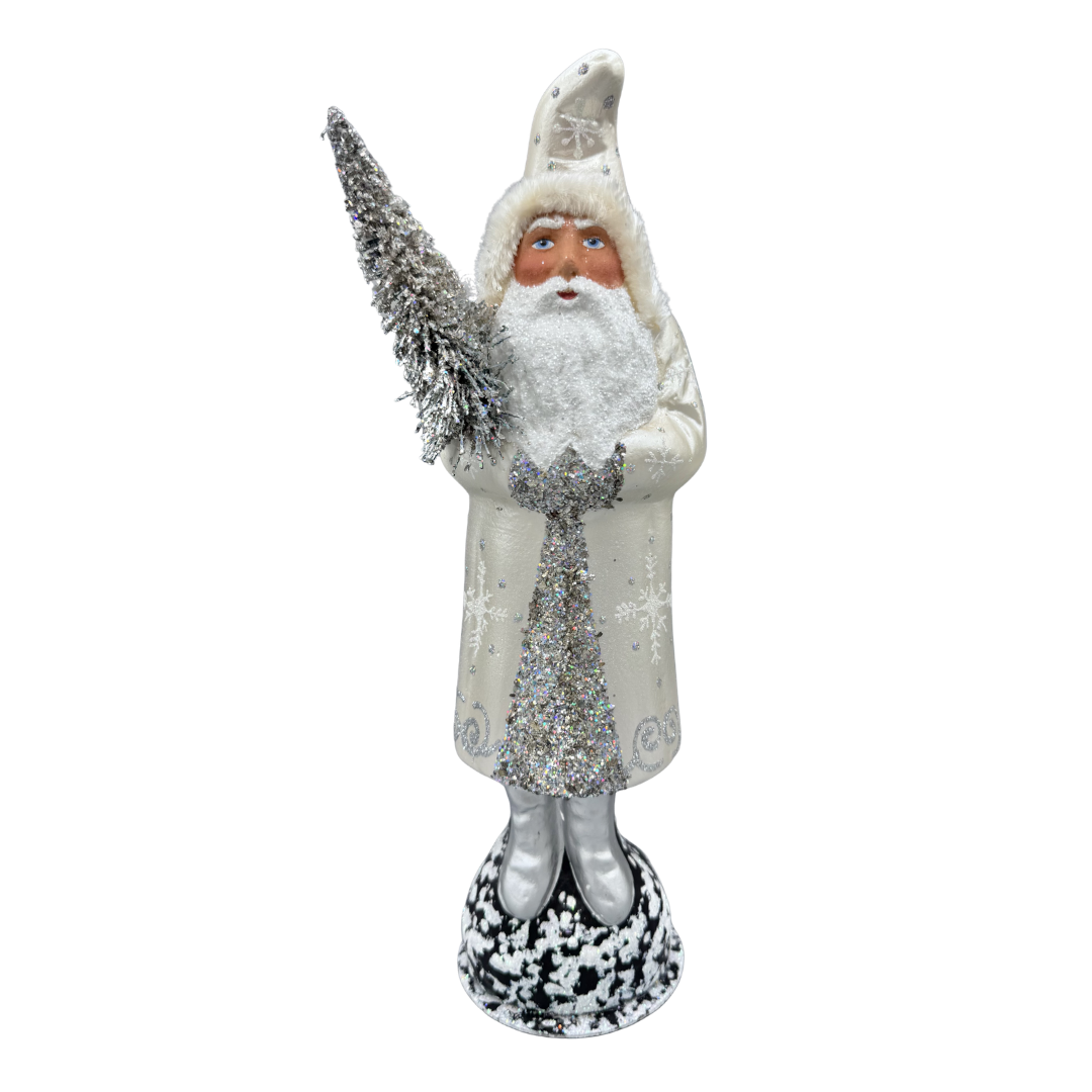 Santa Papier Mache Figure, white pearlized with silver boots, swirls and snowflakes by Ino Schaller