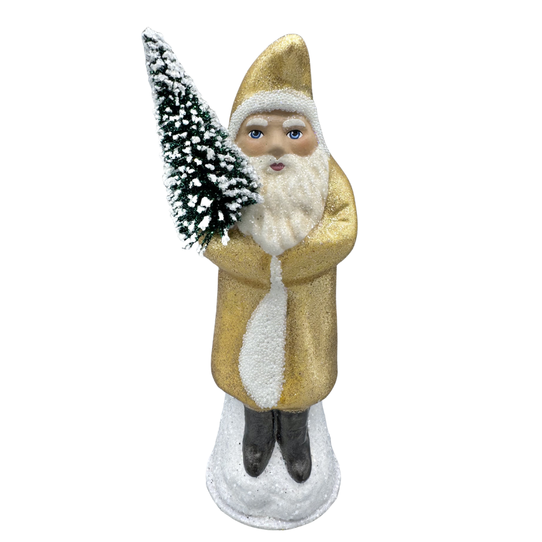 Santa Papier Mache Figure, gold with. Beaded edge by Ino Schaller