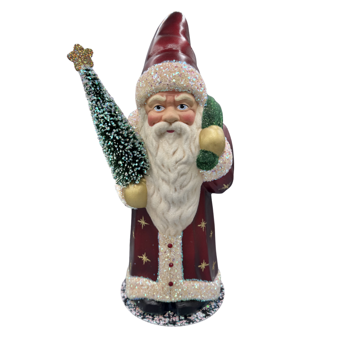 Santa Papier Mache Candy Container, burgundy, gold stars with green bag by Ino Schaller