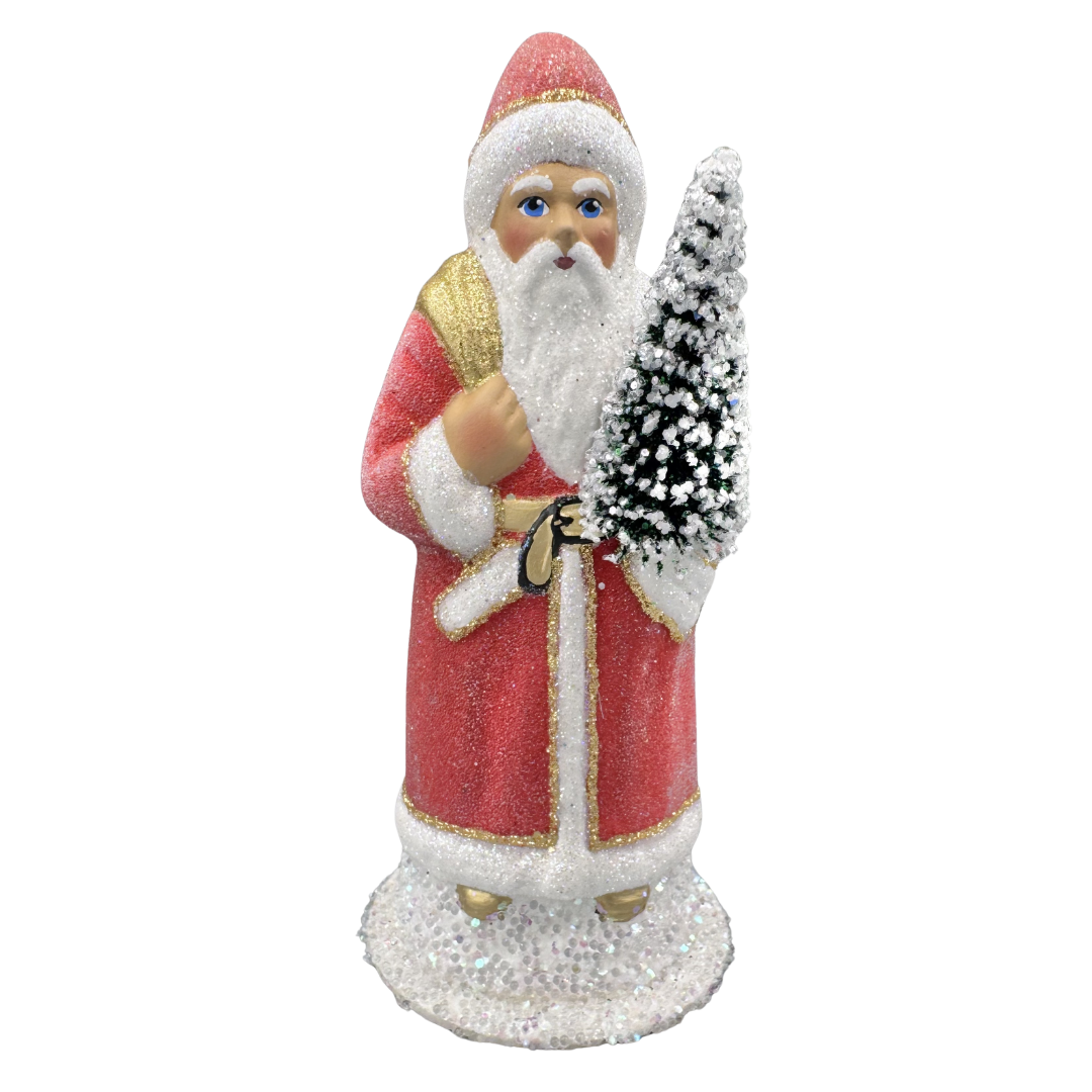 Santa Papier Mache Figure, frosted red with gold bag by Ino Schaller