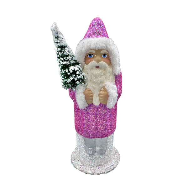 Santa Papier Mache Figure, pink glitter with silver boots by Ino Schaller