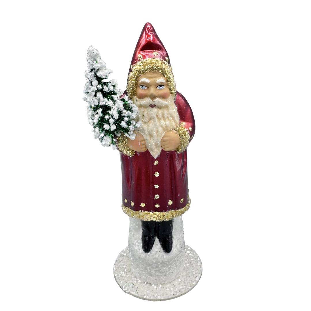 Santa Papier Mache Figure, bordeaux with gold dots by Ino Schaller
