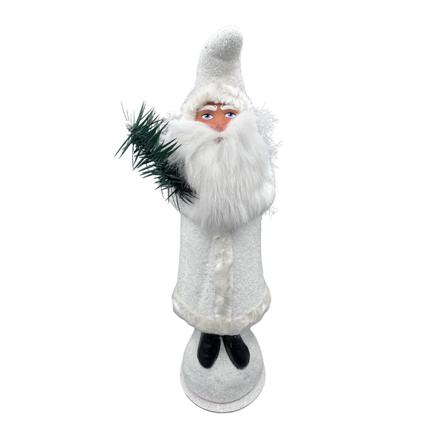 Santa Papier Mache Candy Container, white with fur beard and feather tree by Ino Schaller