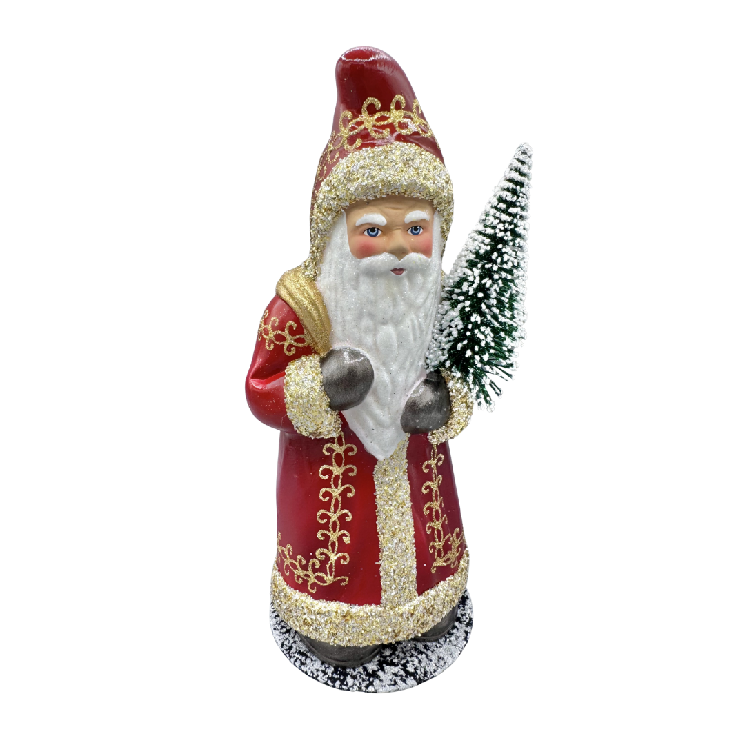 Santa Papier Mache Candy Container, burgundy red and gold bag by Ino Schaller