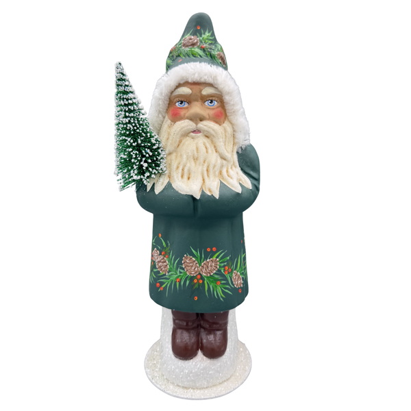 Santa Papier Mache Candy Container, forest green with pine cone décor by Ino Schaller