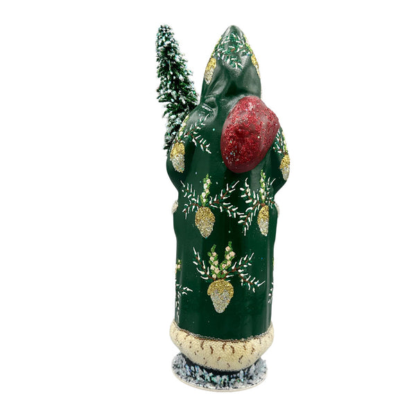 Santa Papier Mache Candy Container, forest green with pine cone decor and bag red by Ino Schaller