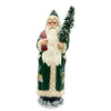 Santa Papier Mache Candy Container, forest green with pine cone decor and bag red by Ino Schaller