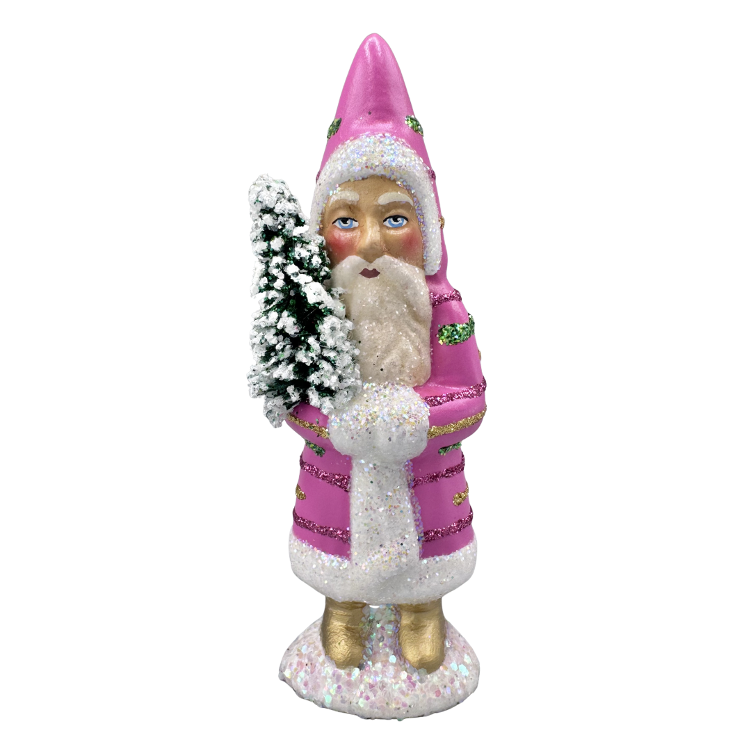 Santa Papier Mache Figure, small pink with color stripes by Ino Schaller