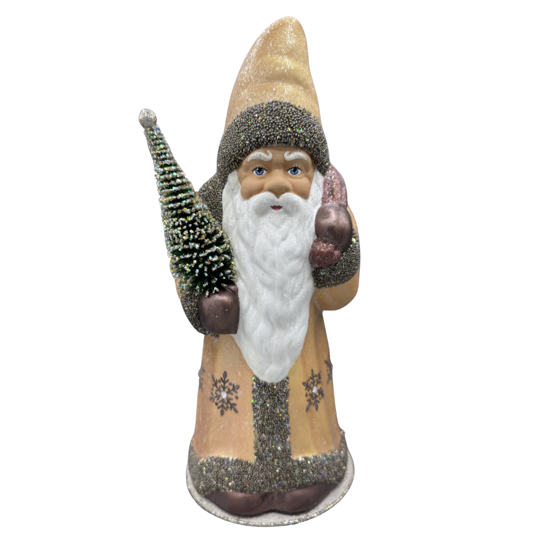 Santa Papier Mache Candy Container, champagne with snowflakes and bag by Ino Schaller