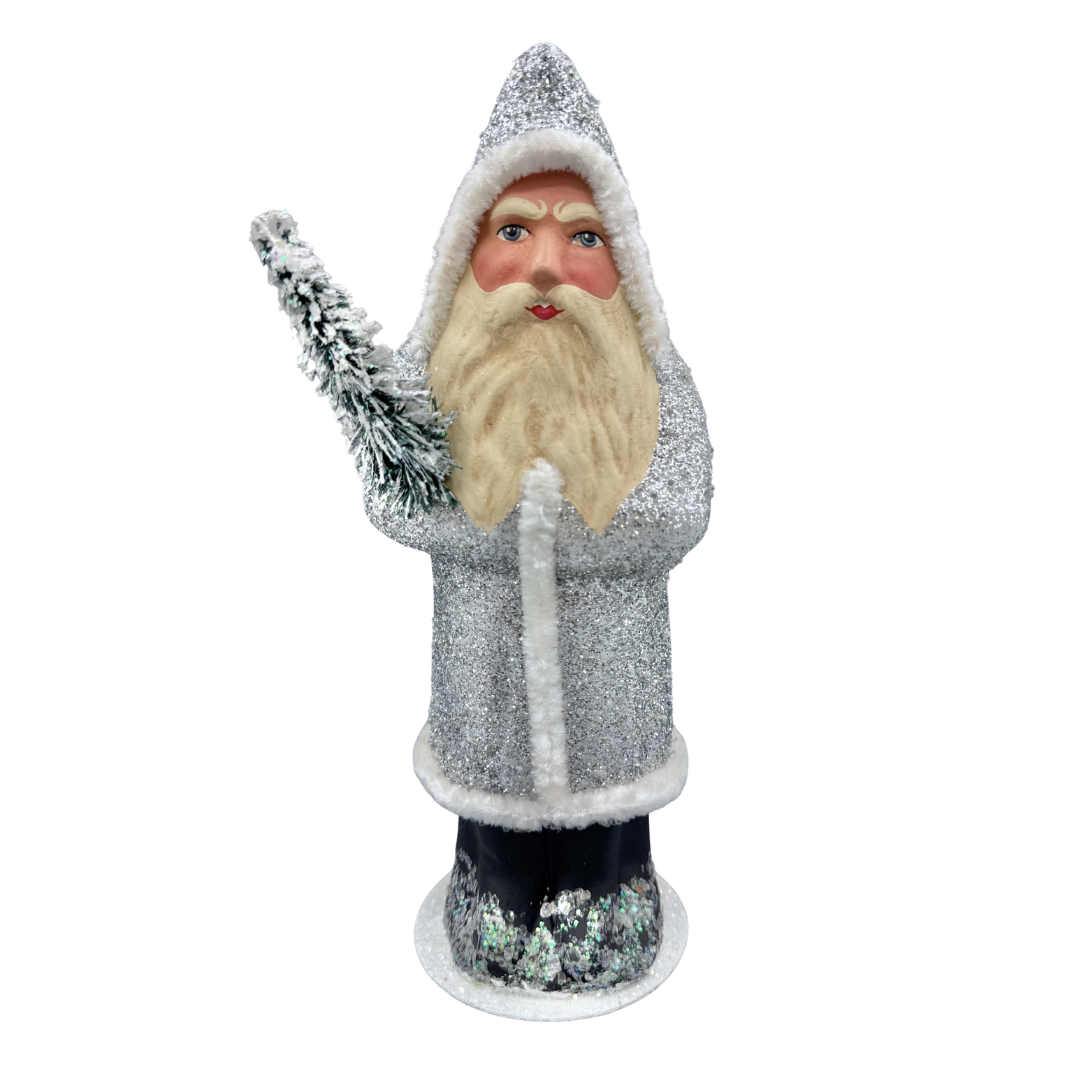 Santa Papier Mache Candy Container, silver beaded with chenille trim by Ino Schaller