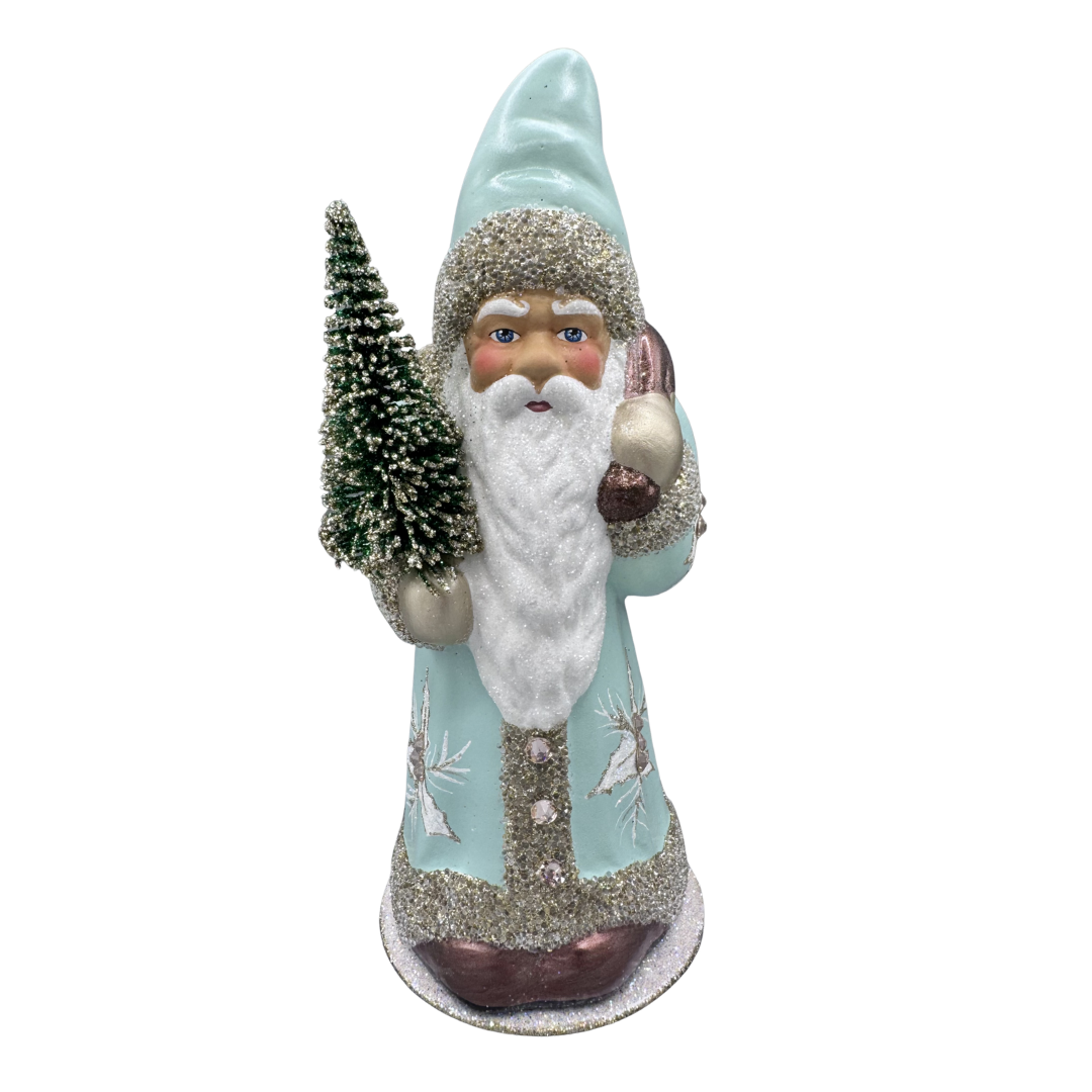 Santa Papier Mache Candy Container, pale mint with holly leaves and crystals by Ino Schaller
