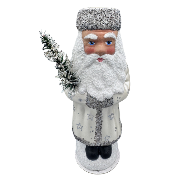 Russian Santa Papier Mache Candy Container, pearl with silver stars by Ino Schaller