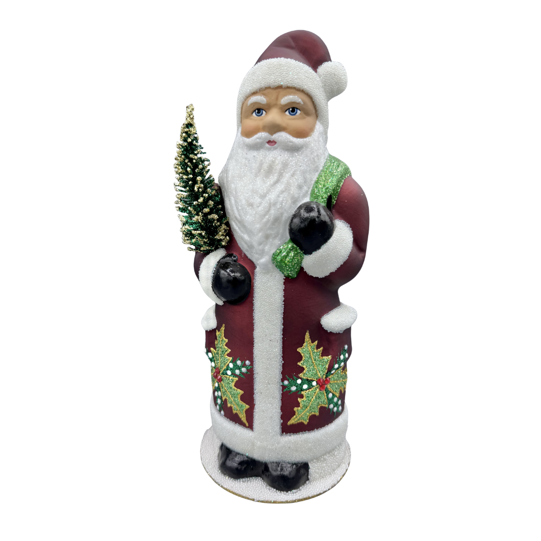Santa Papier Mache Candy Container, burgundy red with holly leaves and crystals by Ino Schaller