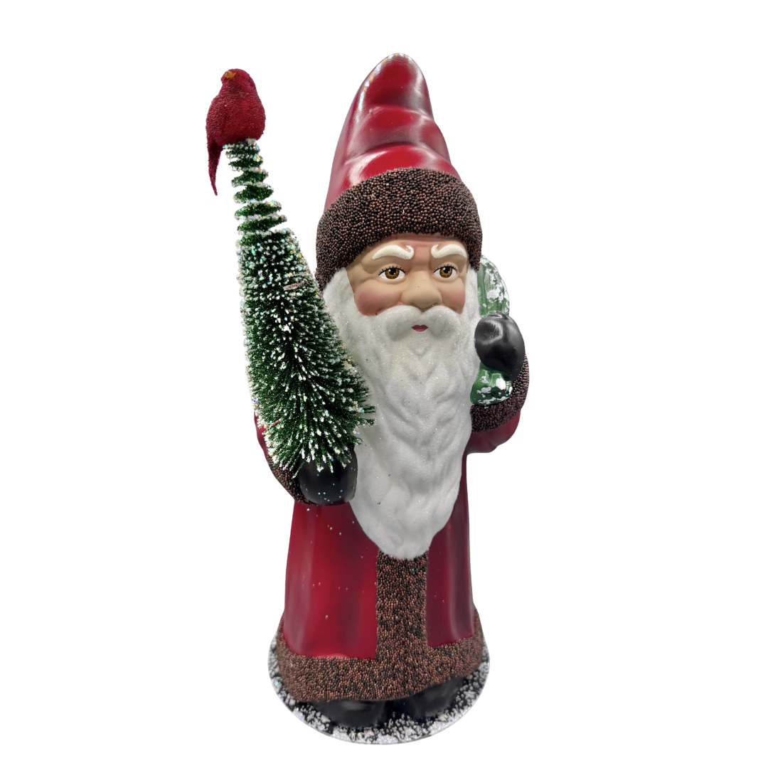 Santa Papier Mache Candy Container, burgundy red with cardinal by Ino Schaller