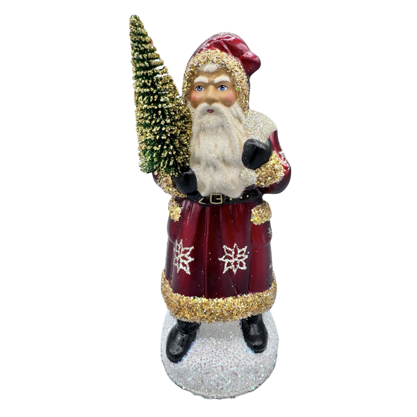 Santa Papier Mache Candy Container, burgandy with gold glitter flowers and gold trim by Ino Schaller