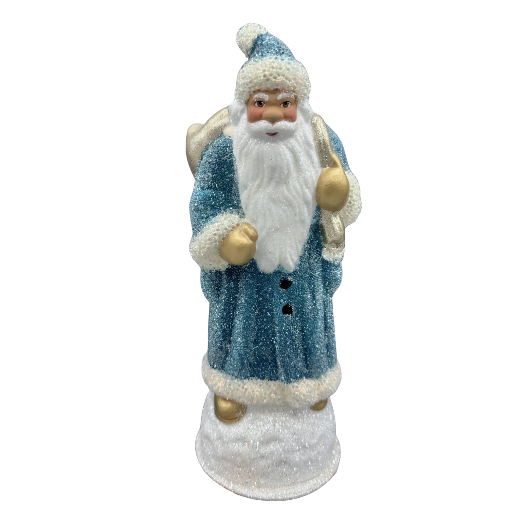 Santa Papier Mache Candy Container, petrol beaded with bag and gold boots by Ino Schaller