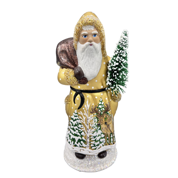 Santa Papier Mache Candy Container, gold with deer scene by Ino Schaller