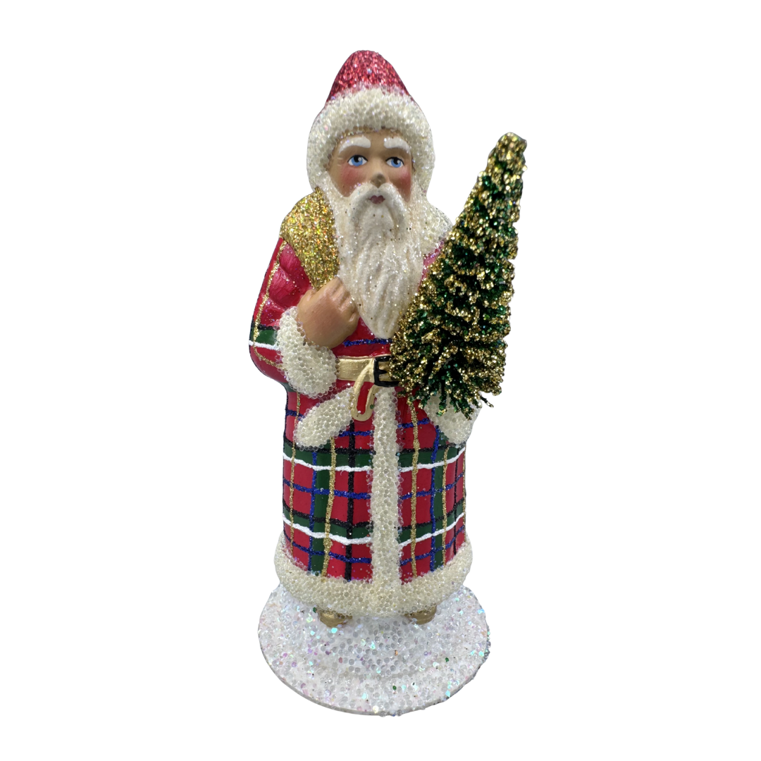 Santa Papier Mache Figure, plaid with gold bag by Ino Schaller