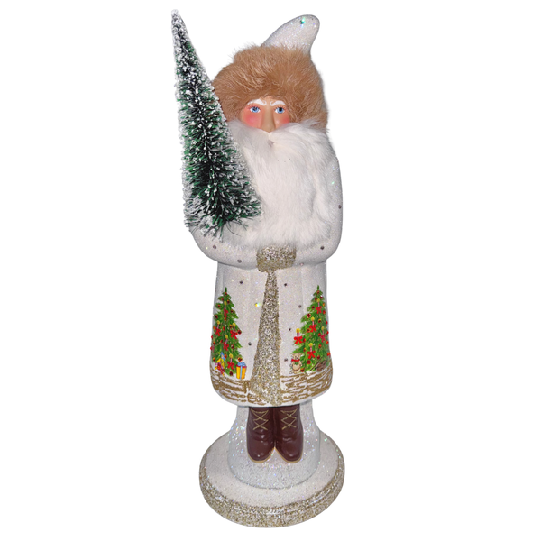 Santa XL Papier Mache Figure, white with holiday scene by Ino Schaller