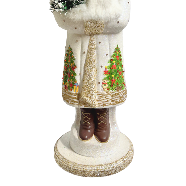 Santa XL Papier Mache Figure, white with holiday scene by Ino Schaller