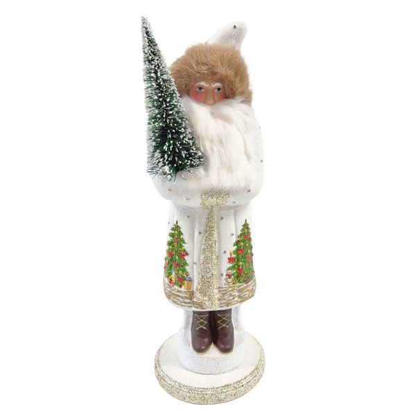 Santa XL Papier Mache Figure, white with holiday scene by Ino Schaller