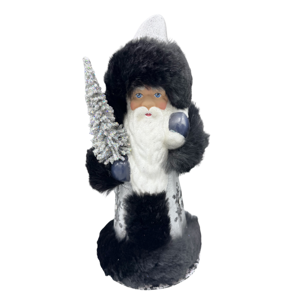 Santa Papier Mache Candy Container, silver with black fur and snowflakes by Ino Schaller