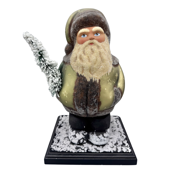 Chubby Santa, Papier Mache Candy Container, green and stars by Ino Schaller