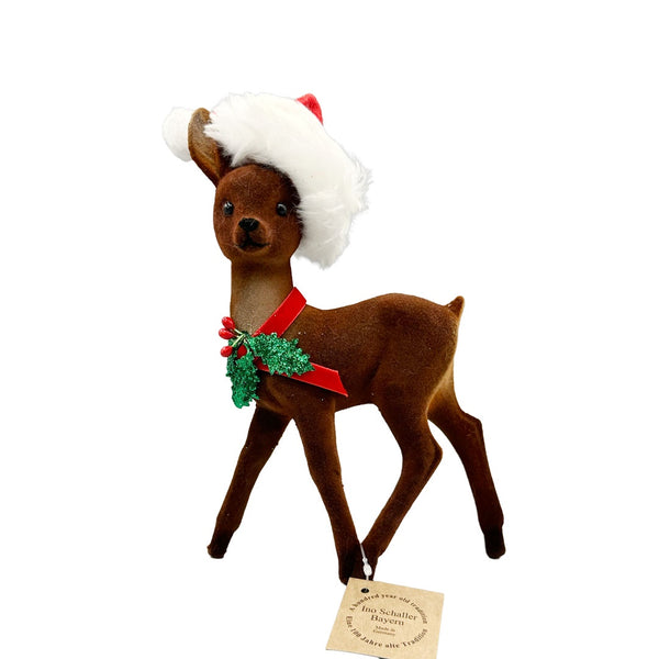 Deer, brown flocked with red scarf and holly and Santa Hat Plastic Figurine by Ino Schaller