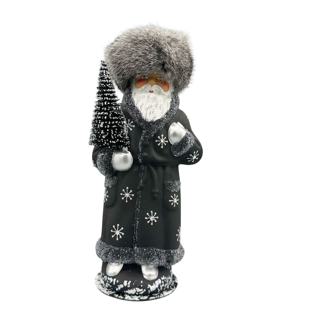 Santa in Russian Hat, Papier Mache Candy Container, black with beaded trim by Ino Schaller